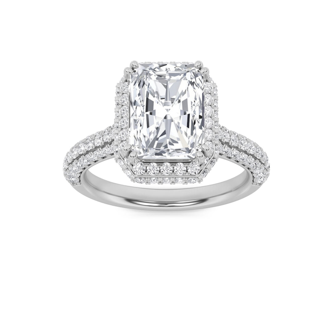 3Cttw Radiant Shaped Lab Grown Diamond (F/VS) Halo Accented Engagement Ring in 14K Gold