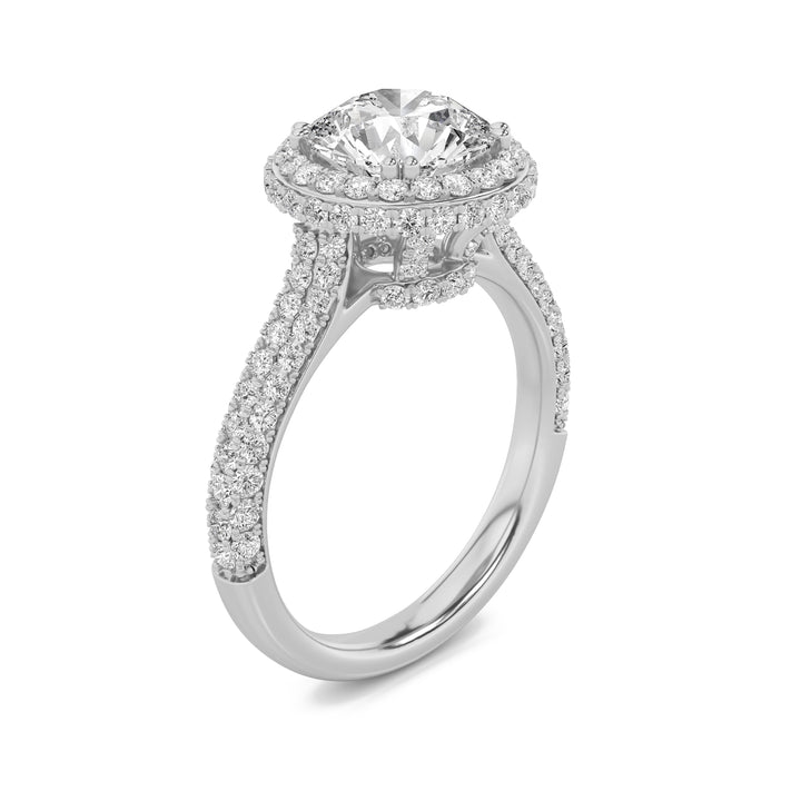 3Cttw Round Shaped Lab Grown Diamond (F/VVS) HaloAccented Engagement Ring in 14K Gold