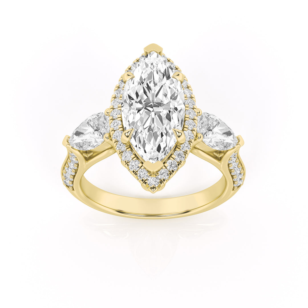 3Cttw Marquise Shaped Lab Grown Diamond (F/VS) Three Stone Halo Enagement Ring in 14K Gold