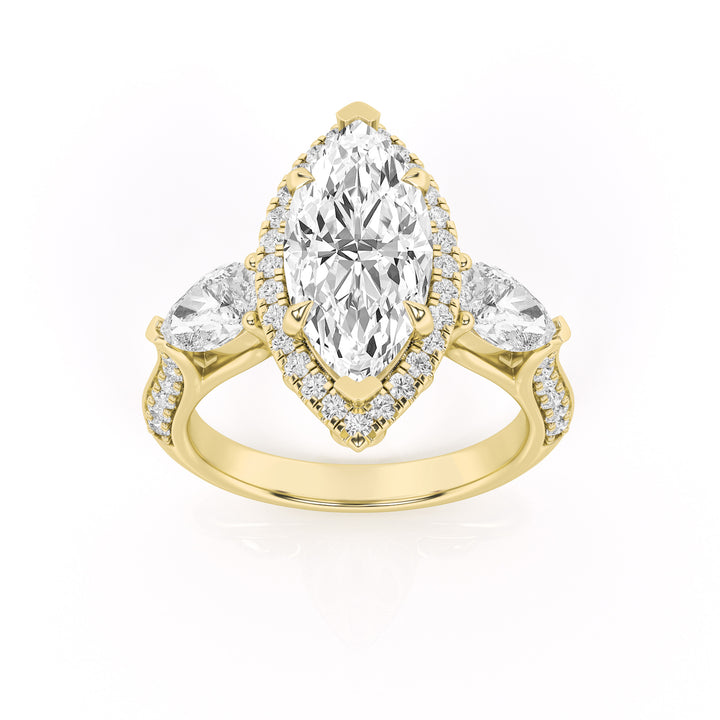 3Cttw Marquise Shaped Lab Grown Diamond (F/VS) Three Stone Halo Enagement Ring in 14K Gold