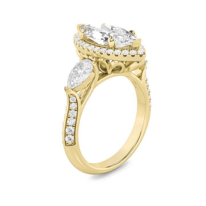3Cttw Marquise Shaped Lab Grown Diamond (F/VS) Three Stone Halo Enagement Ring in 14K Gold