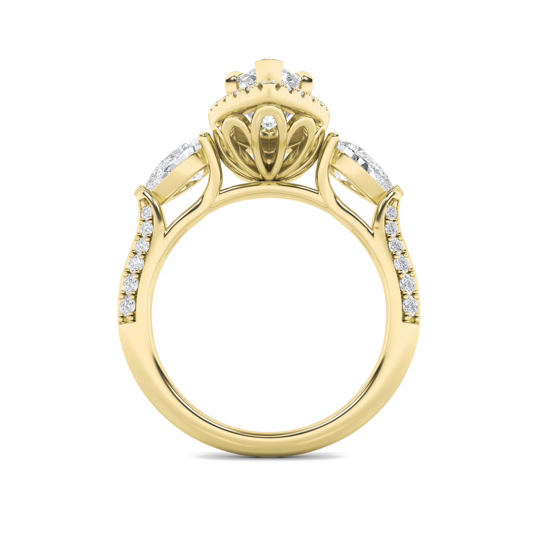 3Cttw Marquise Shaped Lab Grown Diamond (F/VS) Three Stone Halo Enagement Ring in 14K Gold