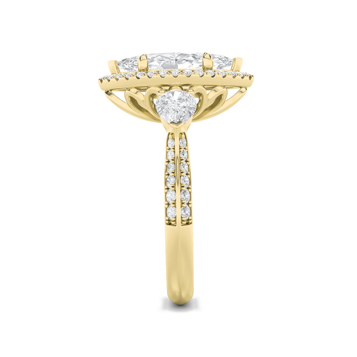 3Cttw Marquise Shaped Lab Grown Diamond (F/VS) Three Stone Halo Enagement Ring in 14K Gold