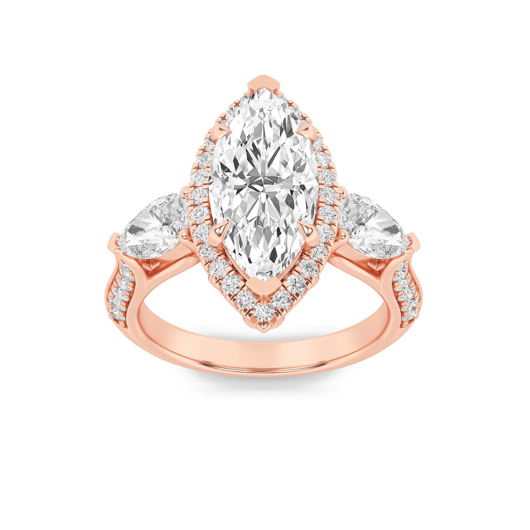 3Cttw Marquise Shaped Lab Grown Diamond (F/VS) Three Stone Halo Enagement Ring in 14K Gold
