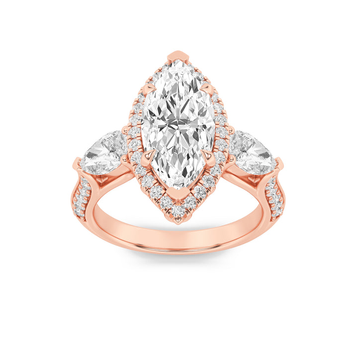 3Cttw Marquise Shaped Lab Grown Diamond (F/VS) Three Stone Halo Enagement Ring in 14K Gold