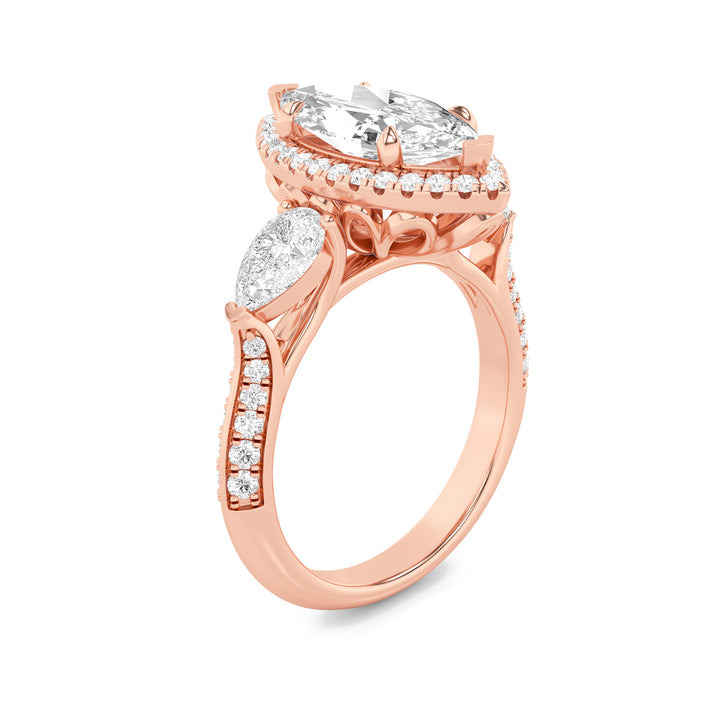 3Cttw Marquise Shaped Lab Grown Diamond (F/VS) Three Stone Halo Enagement Ring in 14K Gold