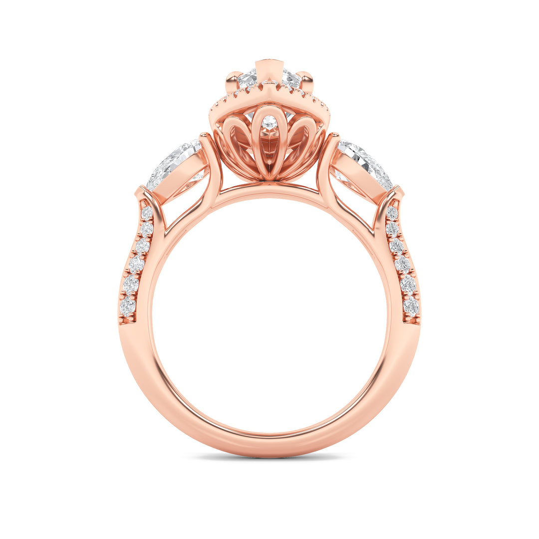3Cttw Marquise Shaped Lab Grown Diamond (F/VS) Three Stone Halo Enagement Ring in 14K Gold