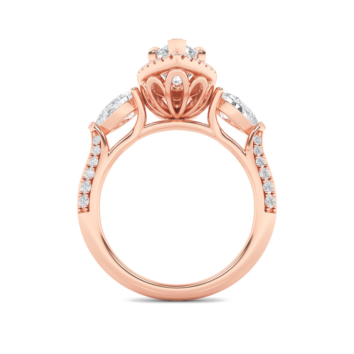 3Cttw Marquise Shaped Lab Grown Diamond (F/VS) Three Stone Halo Enagement Ring in 14K Gold