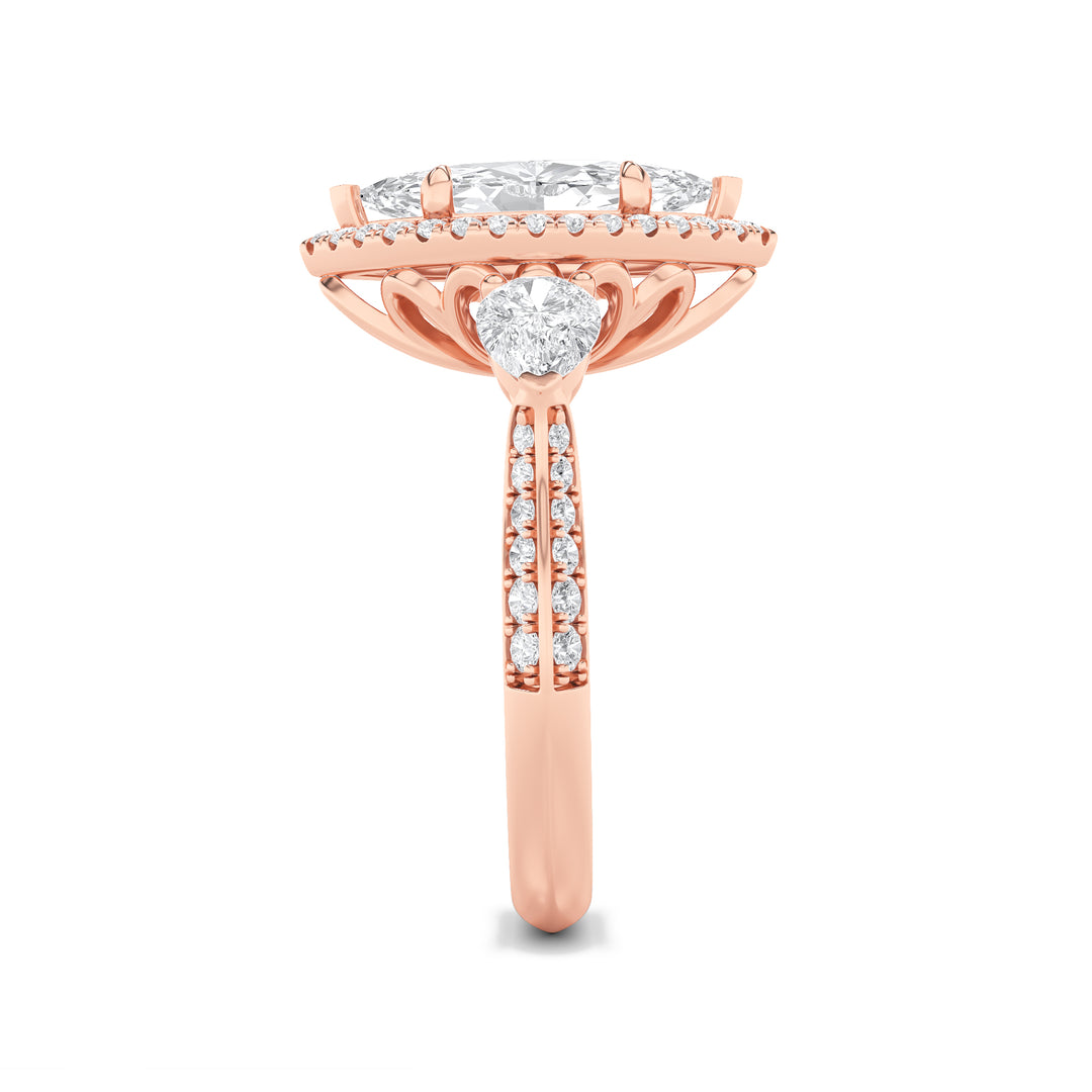 3Cttw Marquise Shaped Lab Grown Diamond (F/VS) Three Stone Halo Enagement Ring in 14K Gold