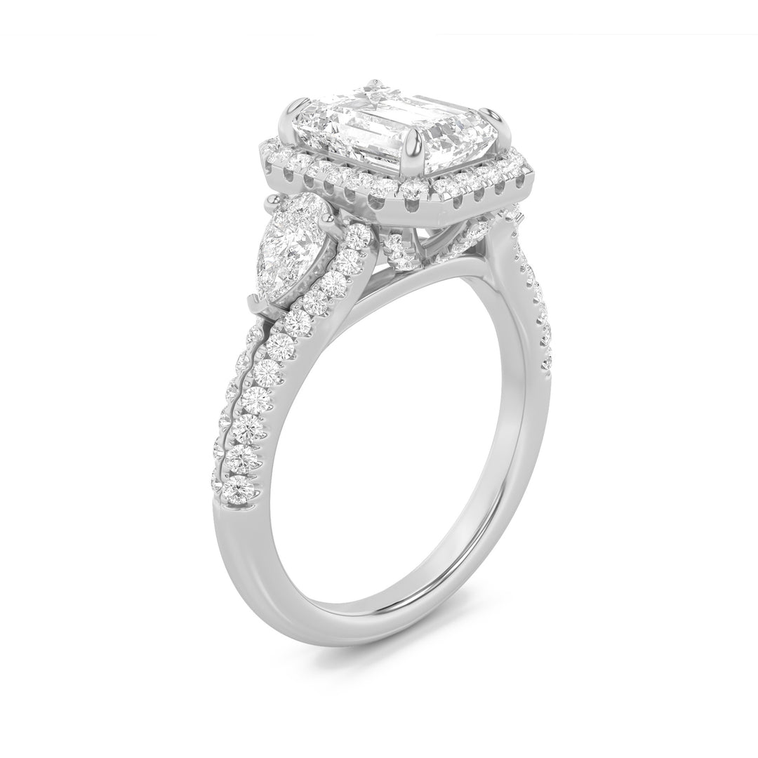 3Cttw Emerald Shaped Lab Grown Diamond (F/VS) Three Stone Bold Accented Engagement Ring in 14K Gold