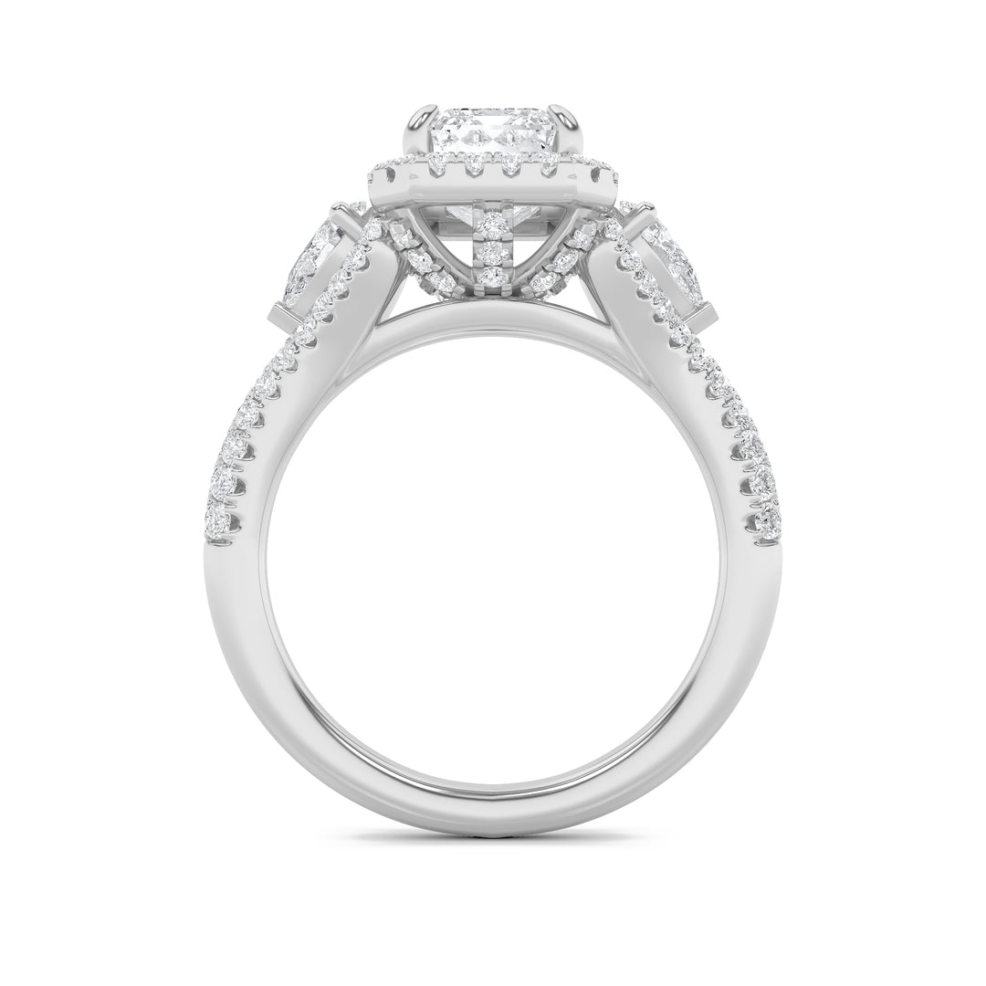 3Cttw Emerald Shaped Lab Grown Diamond (F/VS) Three Stone Bold Accented Engagement Ring in 14K Gold