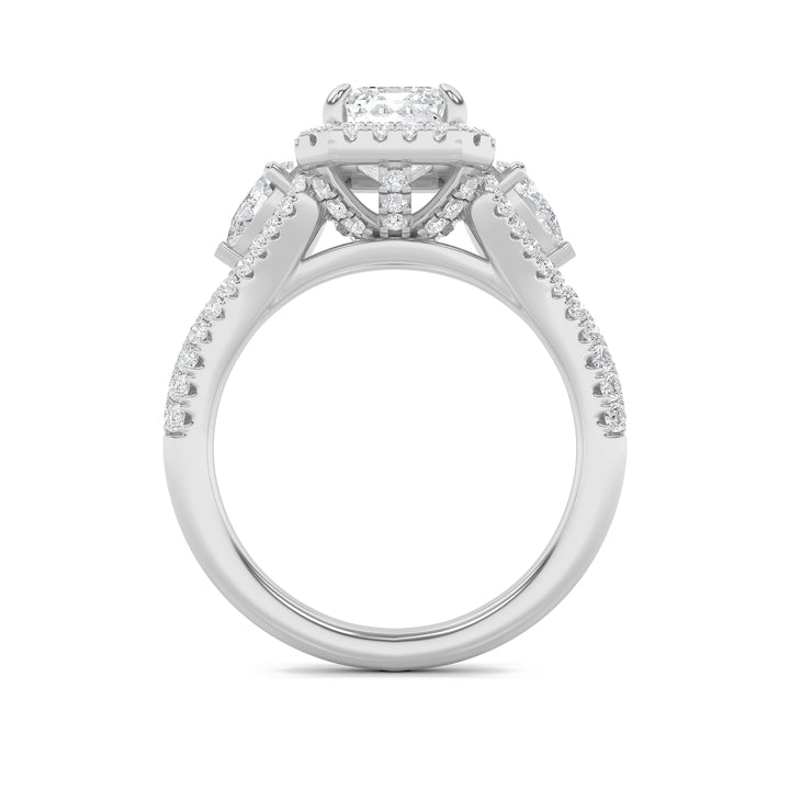 3Cttw Emerald Shaped Lab Grown Diamond (F/VS) Three Stone Bold Accented Engagement Ring in 14K Gold
