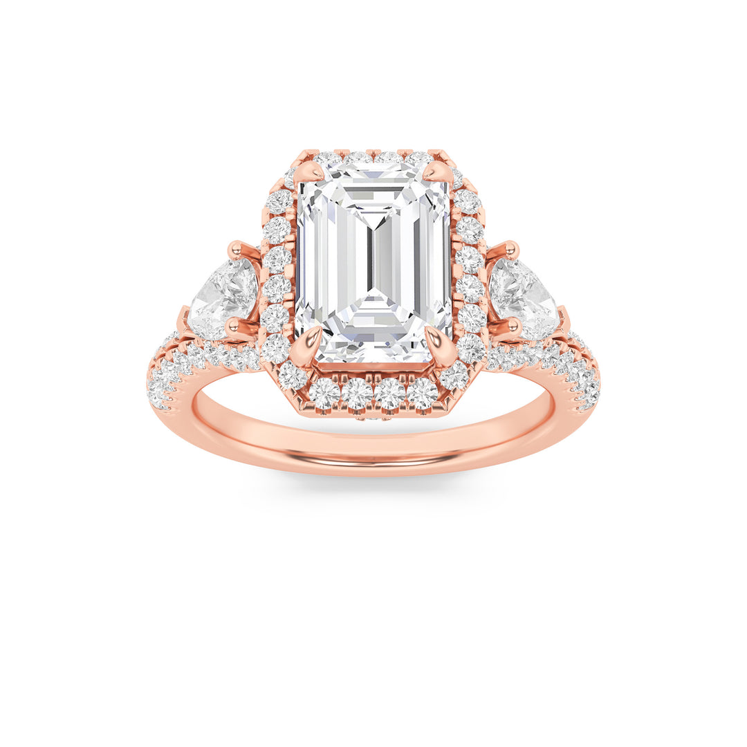 3Cttw Emerald Shaped Lab Grown Diamond (F/VS) Three Stone Bold Accented Engagement Ring in 14K Gold