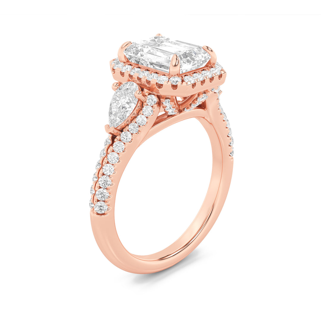 3Cttw Emerald Shaped Lab Grown Diamond (F/VS) Three Stone Bold Accented Engagement Ring in 14K Gold