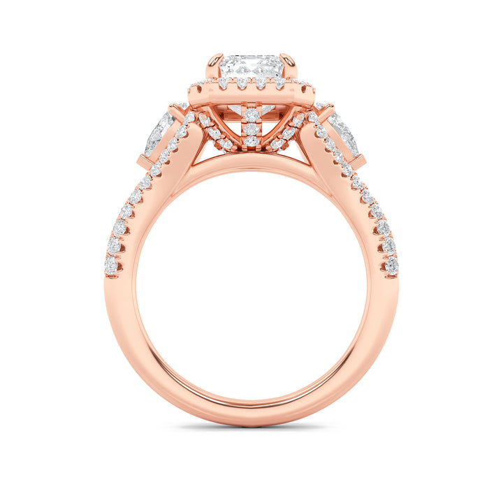 3Cttw Emerald Shaped Lab Grown Diamond (F/VS) Three Stone Bold Accented Engagement Ring in 14K Gold