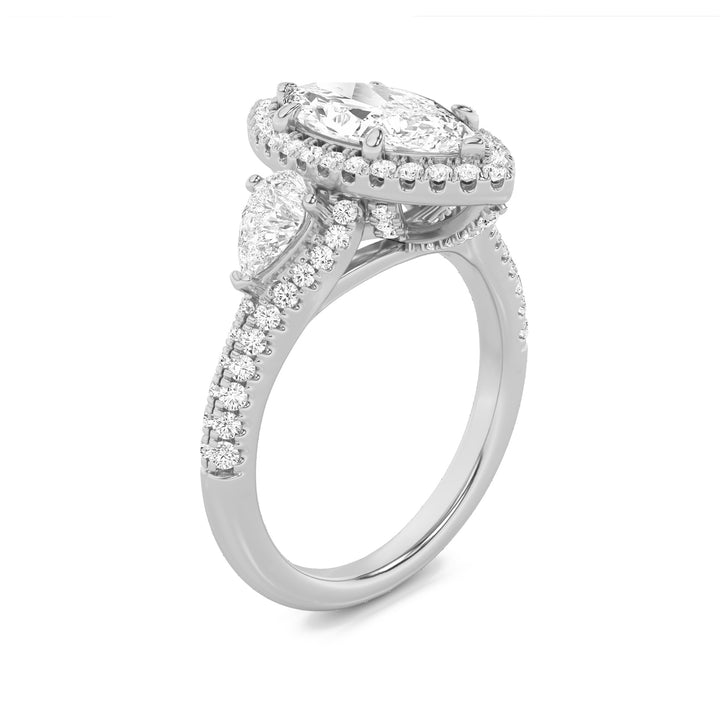 3Cttw Marquise Shaped Lab Grown Diamond (F/VS) Three Stone Bold Accented Engagement Ring in 14K Gold