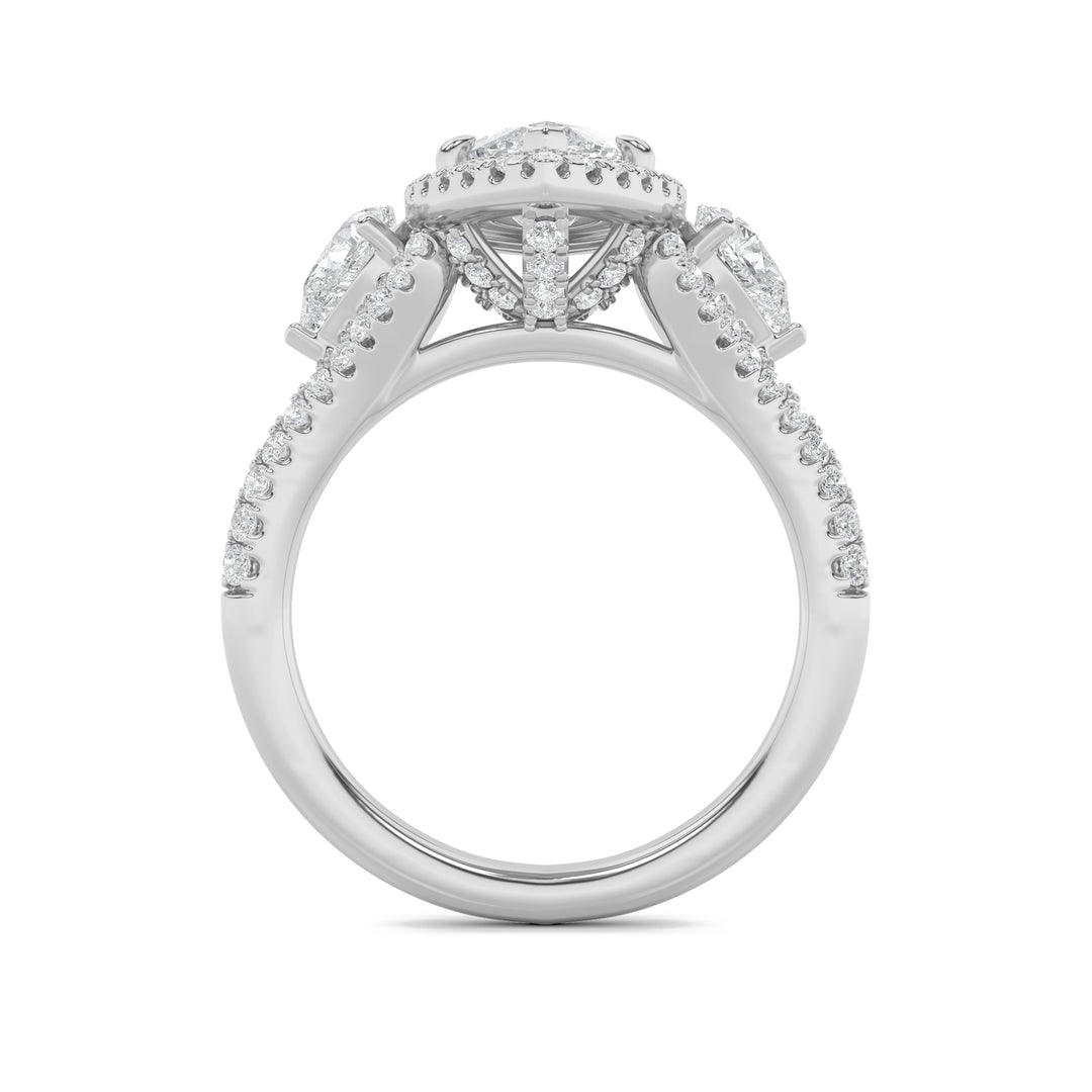 3Cttw Marquise Shaped Lab Grown Diamond (F/VS) Three Stone Bold Accented Engagement Ring in 14K Gold