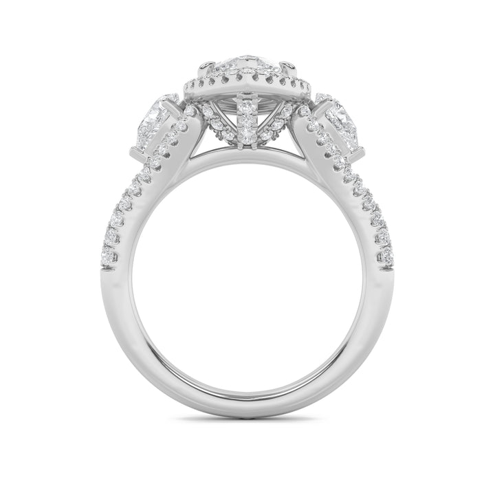 3Cttw Marquise Shaped Lab Grown Diamond (F/VS) Three Stone Bold Accented Engagement Ring in 14K Gold