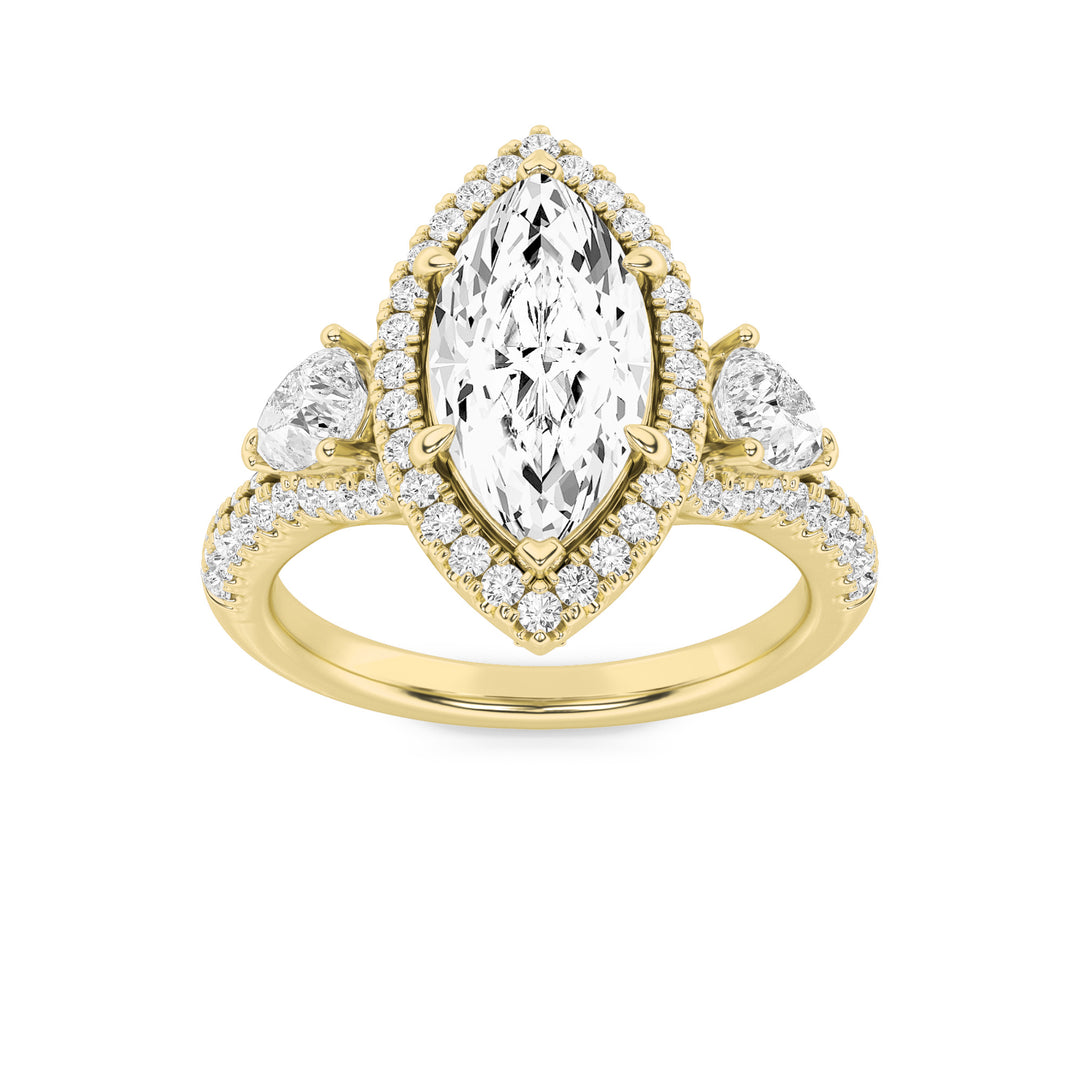 3Cttw Marquise Shaped Lab Grown Diamond (G/VS) Three Stone Bold Accented Engagement Ring in 14K Gold