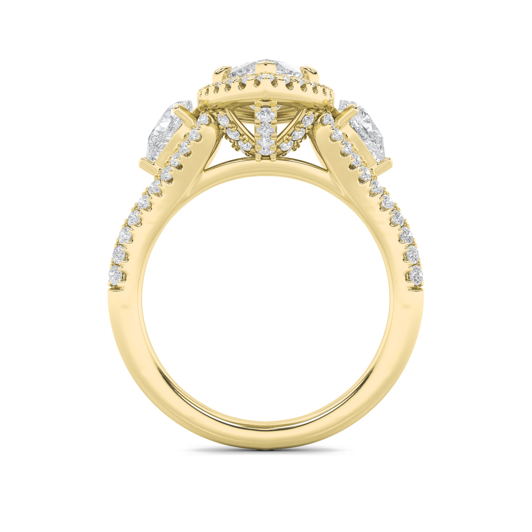 3Cttw Marquise Shaped Lab Grown Diamond (G/VS) Three Stone Bold Accented Engagement Ring in 14K Gold