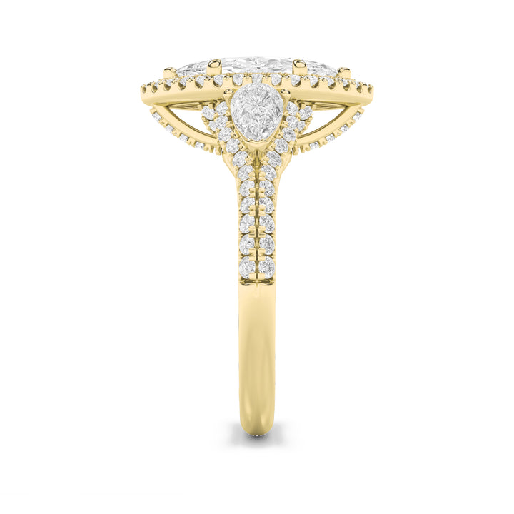 3Cttw Marquise Shaped Lab Grown Diamond (G/VS) Three Stone Bold Accented Engagement Ring in 14K Gold