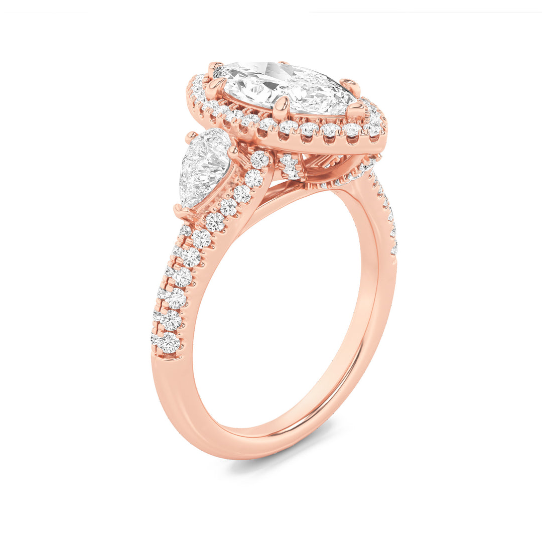 3Cttw Marquise Shaped Lab Grown Diamond (F/VS) Three Stone Bold Accented Engagement Ring in 14K Gold