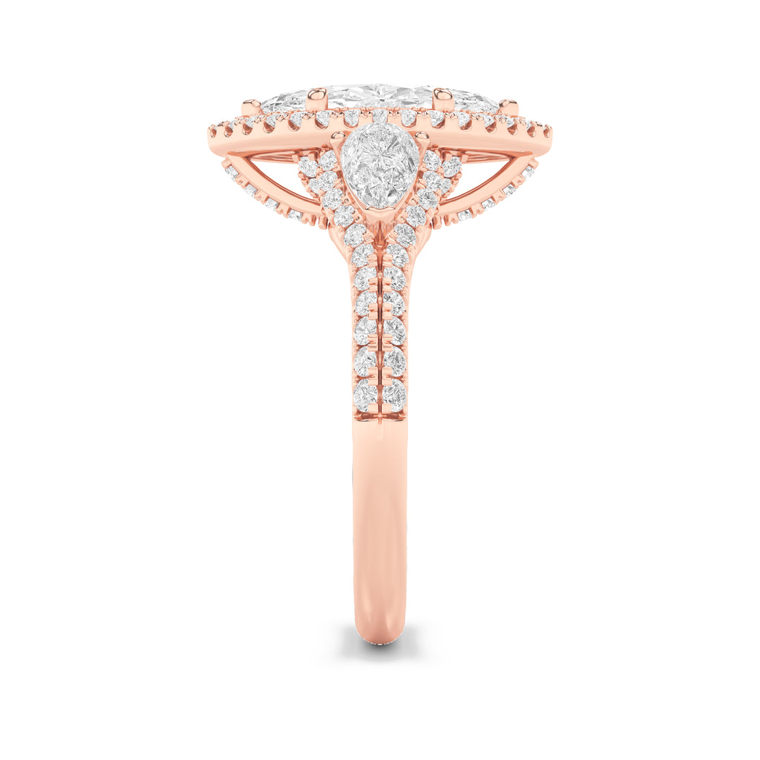 3Cttw Marquise Shaped Lab Grown Diamond (F/VS) Three Stone Bold Accented Engagement Ring in 14K Gold