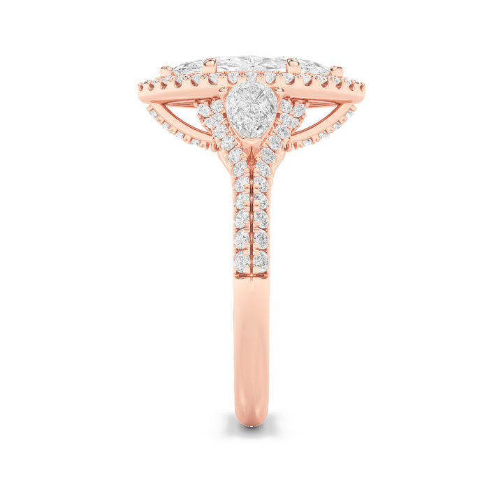 3Cttw Marquise Shaped Lab Grown Diamond (F/VS) Three Stone Bold Accented Engagement Ring in 14K Gold