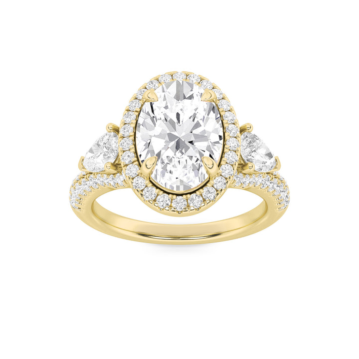 3Cttw Oval Shaped Lab Grown Diamond (F/VS) Three Stone Bold Accented Engagement Ring in 14K Gold