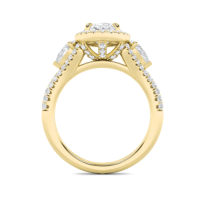 3Cttw Oval Shaped Lab Grown Diamond (F/VS) Three Stone Bold Accented Engagement Ring in 14K Gold