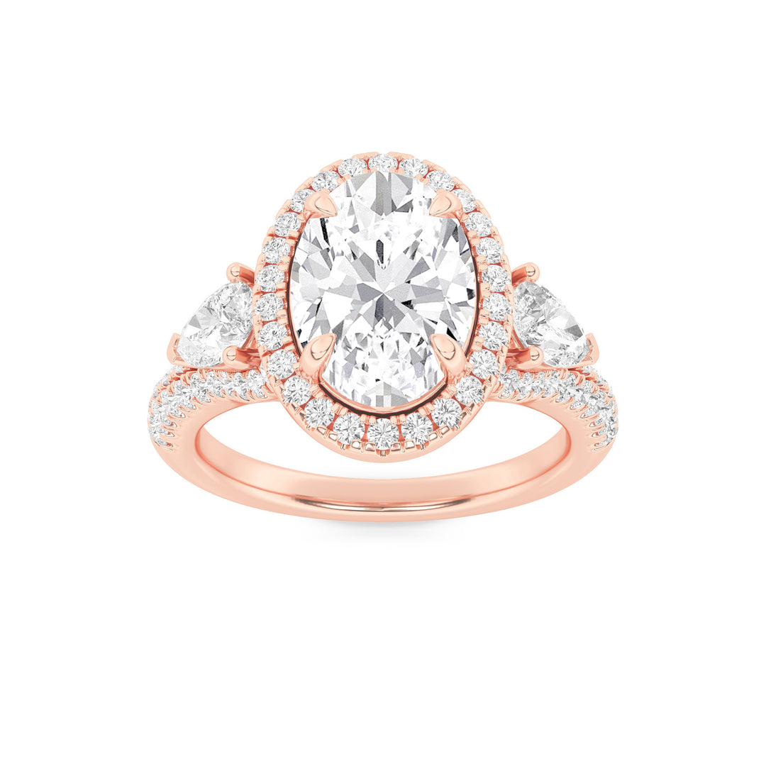 3Cttw Oval Shaped Lab Grown Diamond (F/VS) Three Stone Bold Accented Engagement Ring in 14K Gold