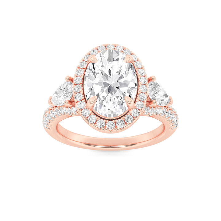3Cttw Oval Shaped Lab Grown Diamond (F/VS) Three Stone Bold Accented Engagement Ring in 14K Gold