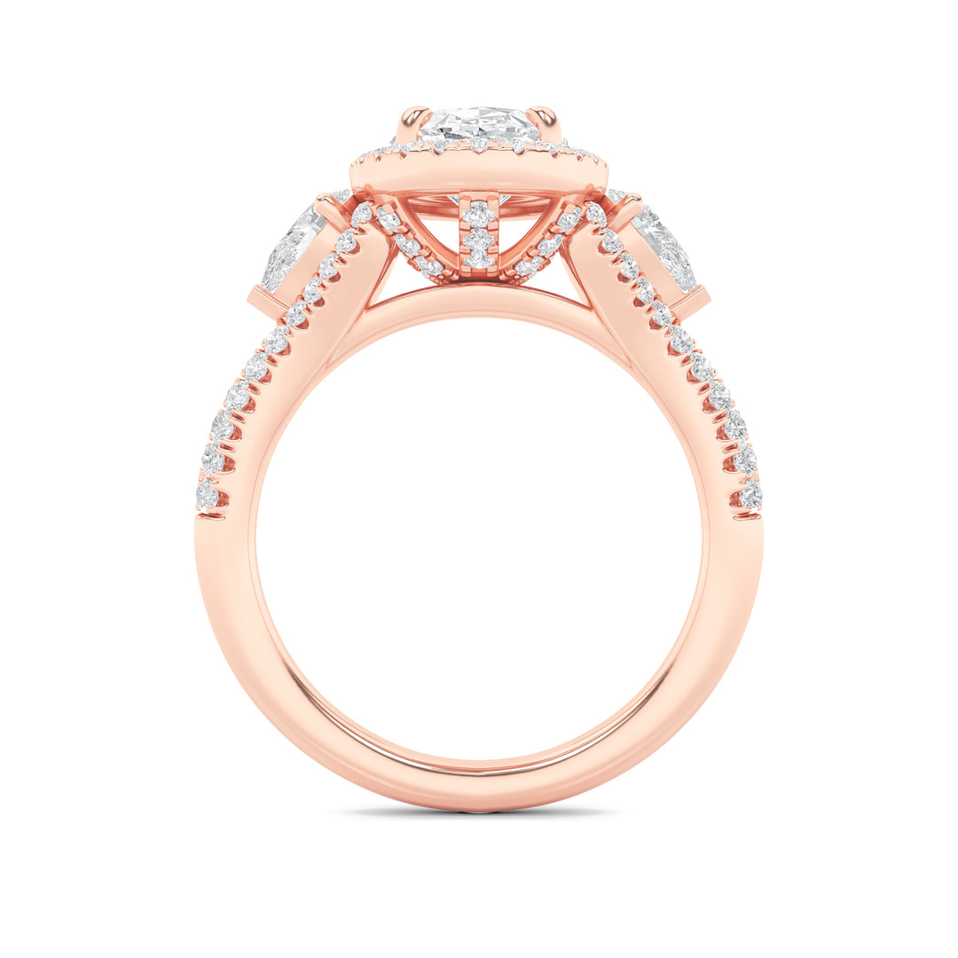 3Cttw Oval Shaped Lab Grown Diamond (F/VS) Three Stone Bold Accented Engagement Ring in 14K Gold