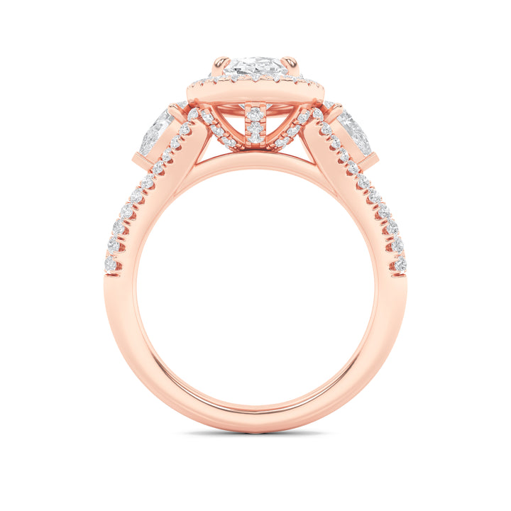 3Cttw Oval Shaped Lab Grown Diamond (F/VS) Three Stone Bold Accented Engagement Ring in 14K Gold