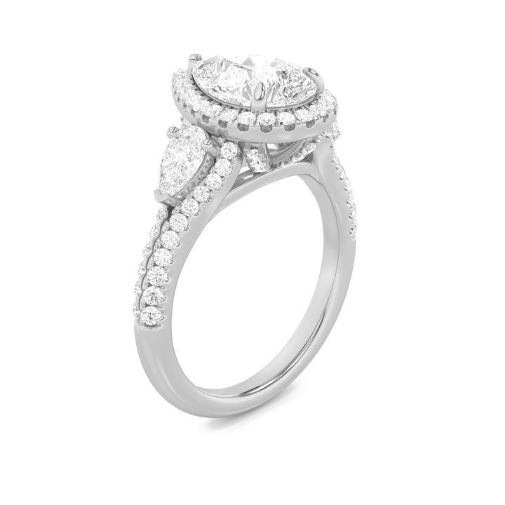 3Cttw Pear Shaped Lab Grown Diamond (F/VS) Three Stone Bold Accented Engagement Ring in 14K Gold