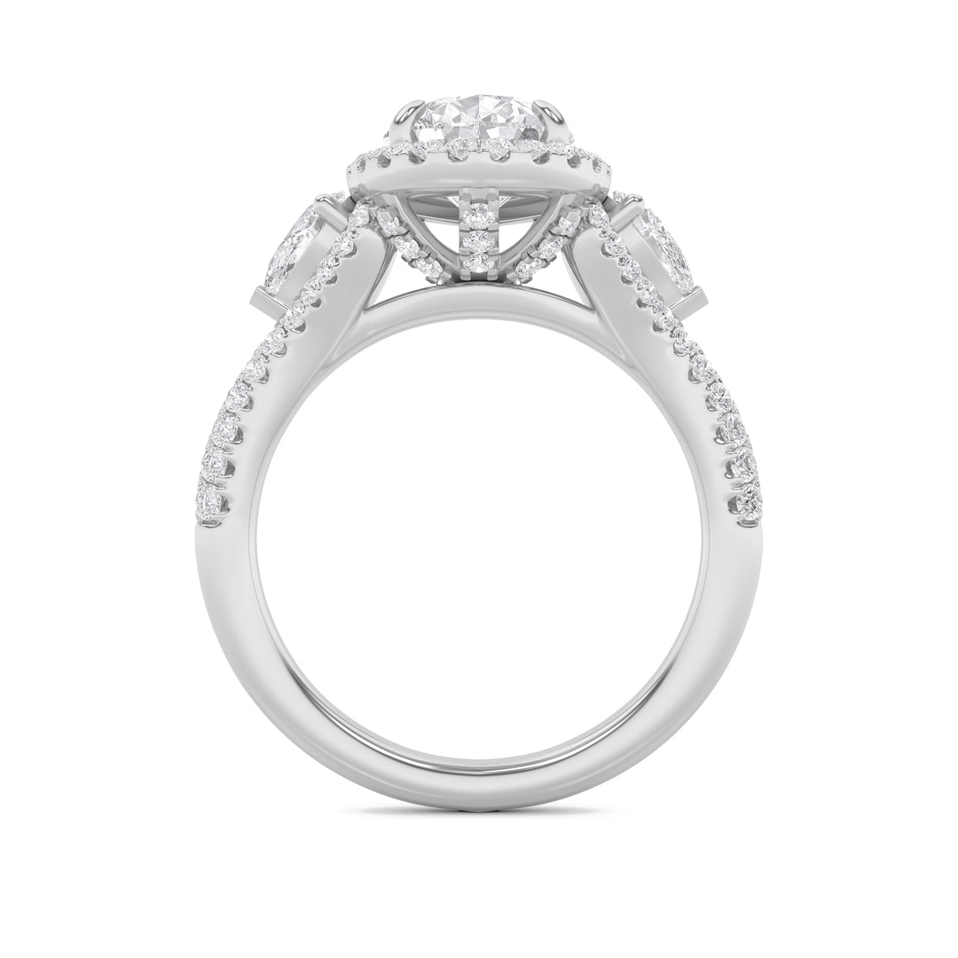 3Cttw Pear Shaped Lab Grown Diamond (F/VS) Three Stone Bold Accented Engagement Ring in 14K Gold