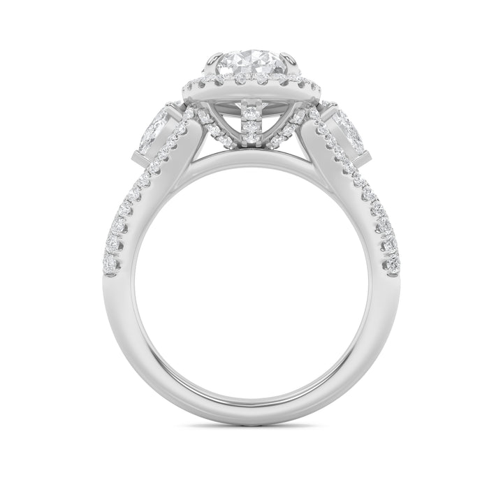 3Cttw Pear Shaped Lab Grown Diamond (F/VS) Three Stone Bold Accented Engagement Ring in 14K Gold