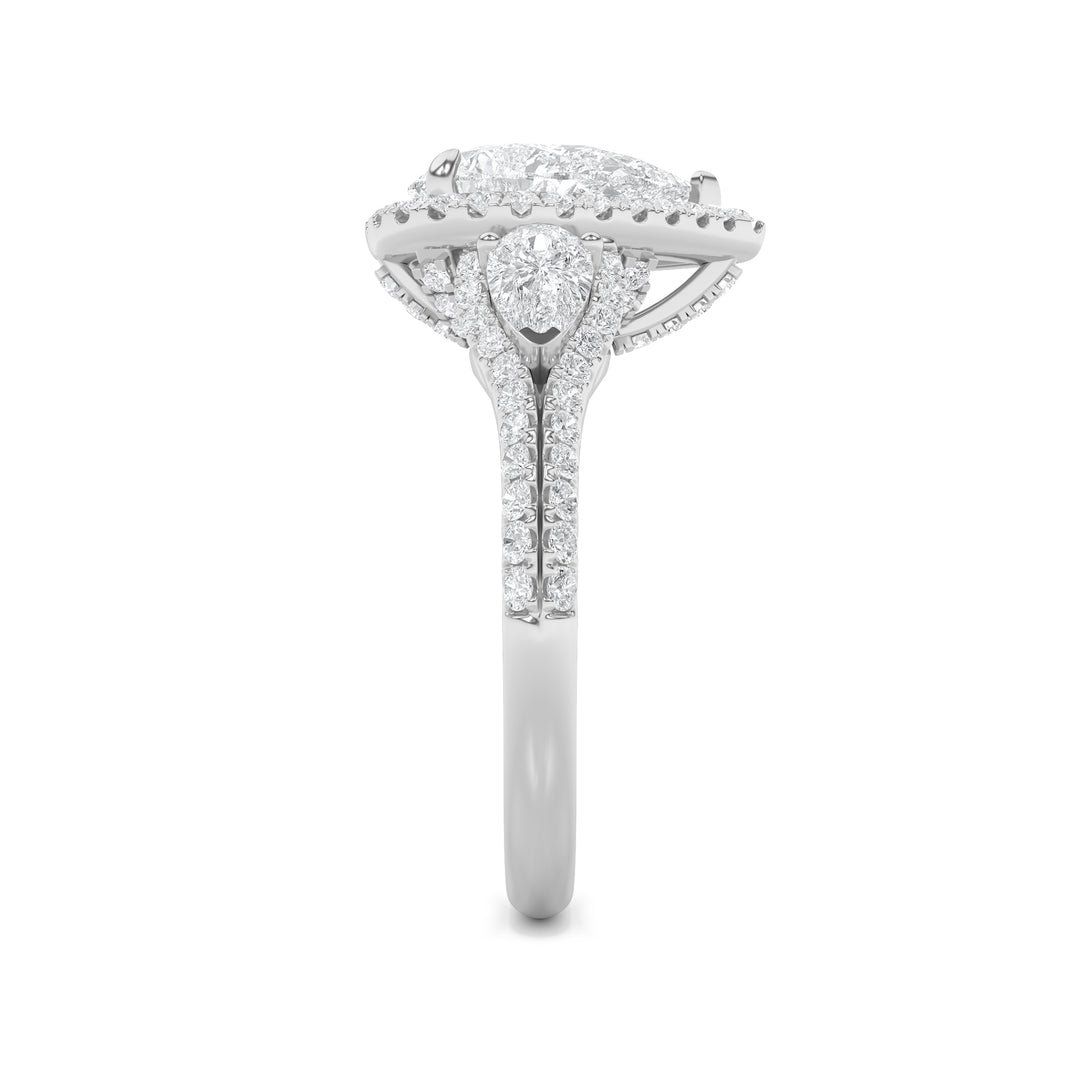 3Cttw Pear Shaped Lab Grown Diamond (F/VS) Three Stone Bold Accented Engagement Ring in 14K Gold