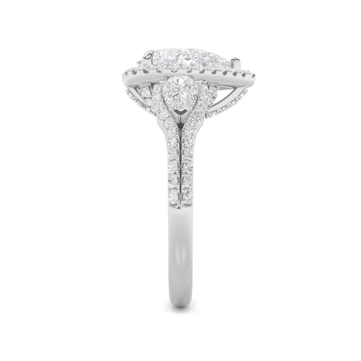 3Cttw Pear Shaped Lab Grown Diamond (F/VS) Three Stone Bold Accented Engagement Ring in 14K Gold