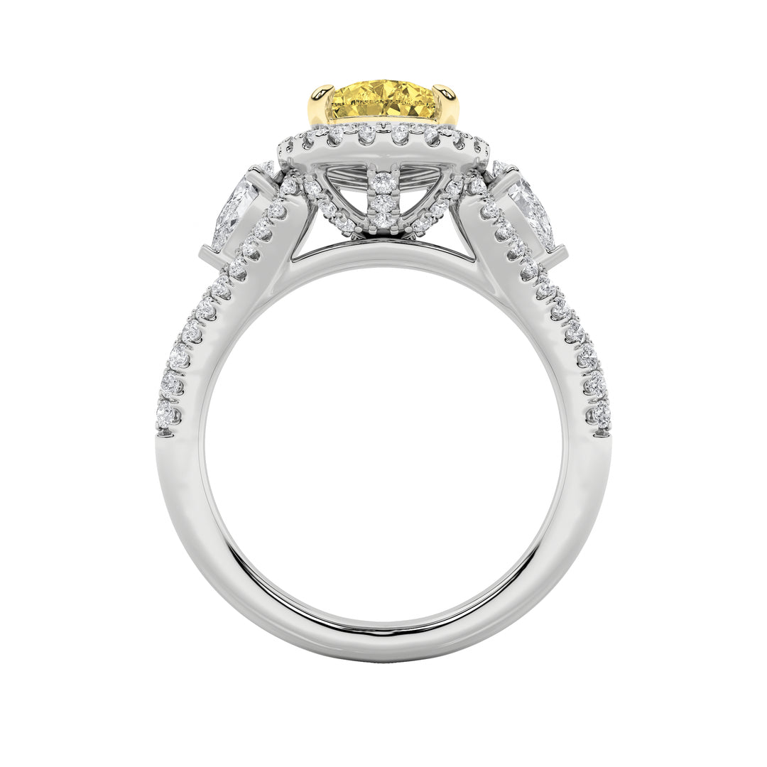 3Cttw Pear Shaped Lab Grown Diamond (F/VS) Three Stone Bold Accented Engagement Ring in 14K Gold