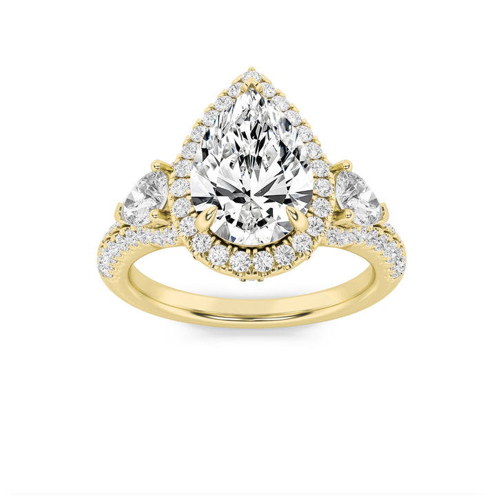 3Cttw Pear Shaped Lab Grown Diamond (F/VS) Three Stone Bold Accented Engagement Ring in 14K Gold