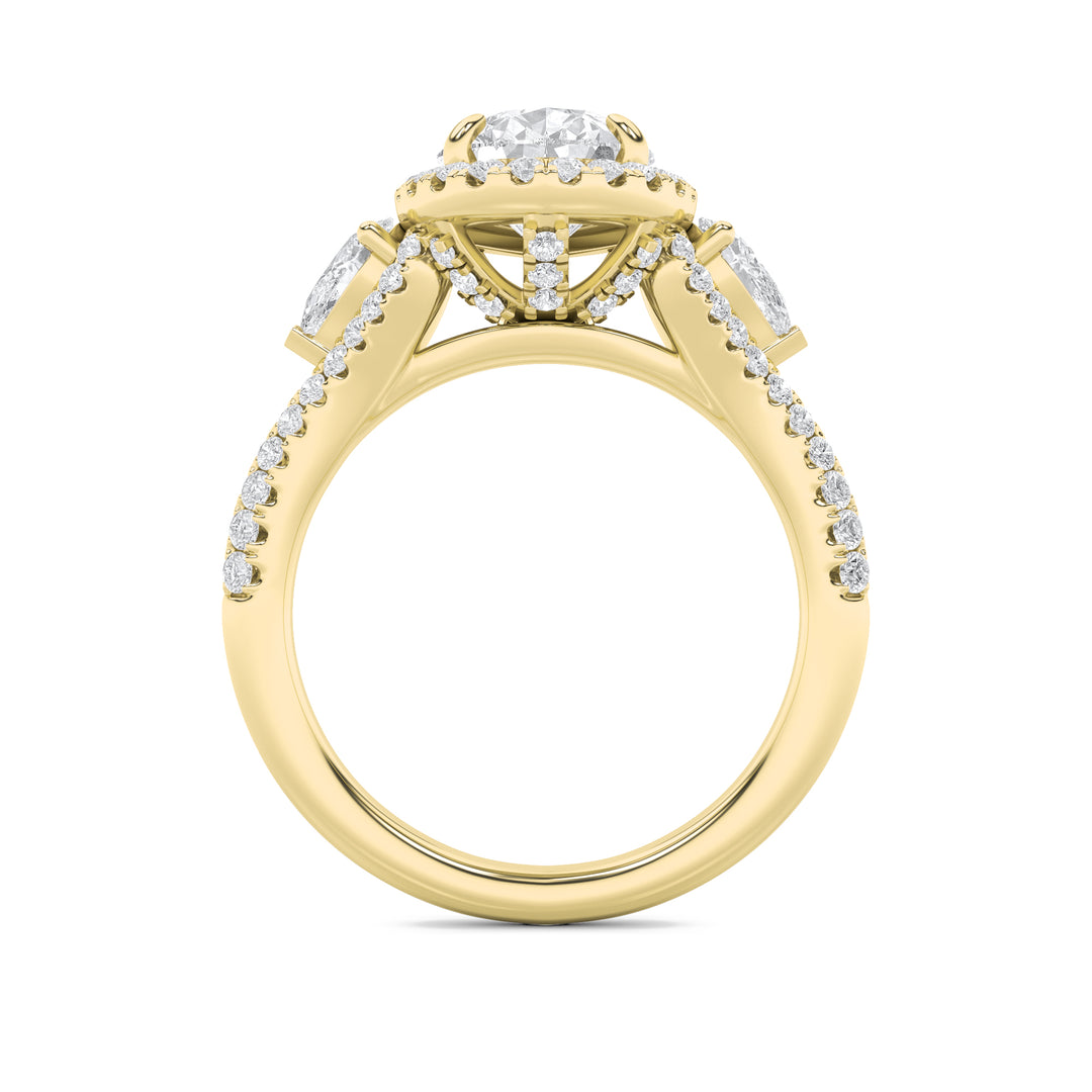 3Cttw Pear Shaped Lab Grown Diamond (F/VS) Three Stone Bold Accented Engagement Ring in 14K Gold