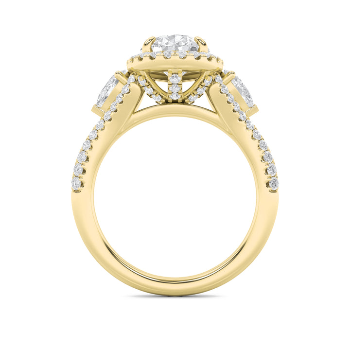 3Cttw Pear Shaped Lab Grown Diamond (F/VS) Three Stone Bold Accented Engagement Ring in 14K Gold