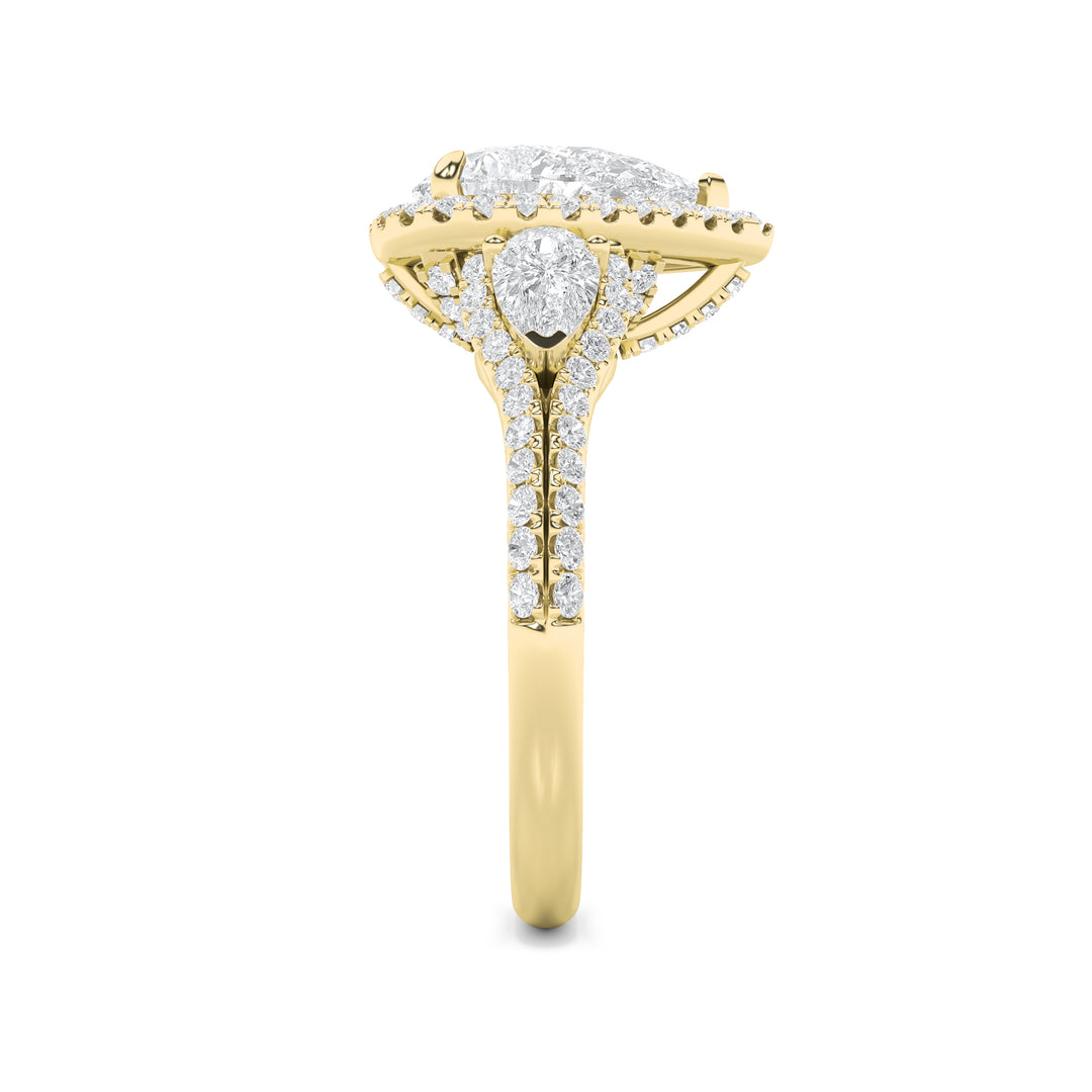 3Cttw Pear Shaped Lab Grown Diamond (F/VS) Three Stone Bold Accented Engagement Ring in 14K Gold