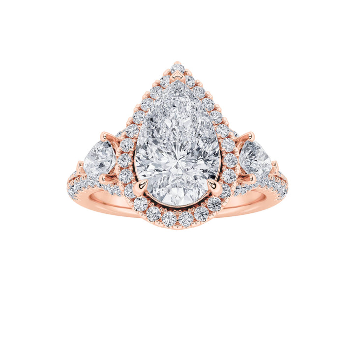 3Cttw Pear Shaped Lab Grown Diamond (F/VS) Three Stone Bold Accented Engagement Ring in 14K Gold