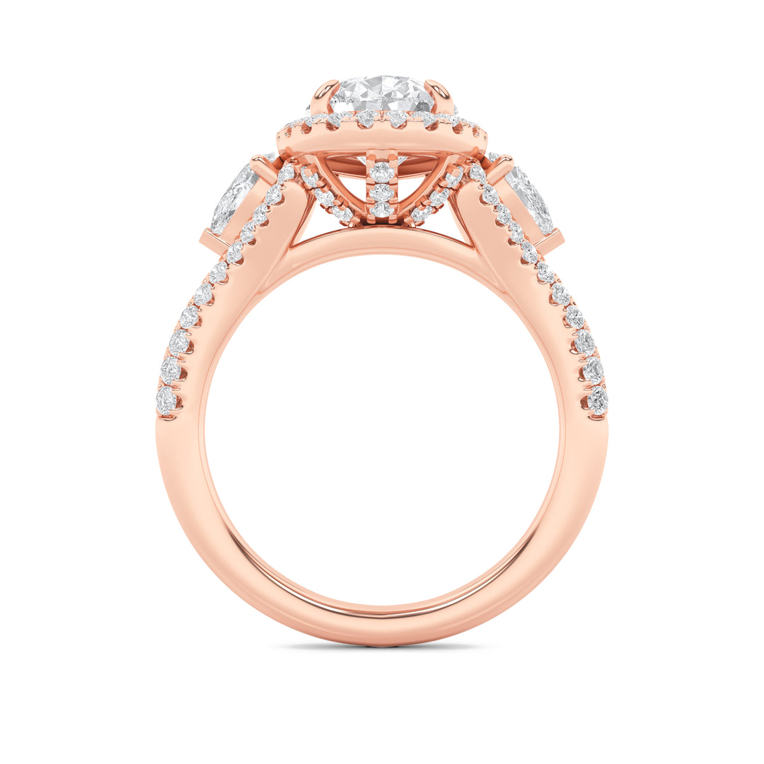 3Cttw Pear Shaped Lab Grown Diamond (F/VS) Three Stone Bold Accented Engagement Ring in 14K Gold