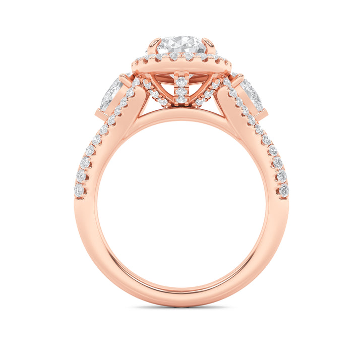 3Cttw Pear Shaped Lab Grown Diamond (F/VS) Three Stone Bold Accented Engagement Ring in 14K Gold