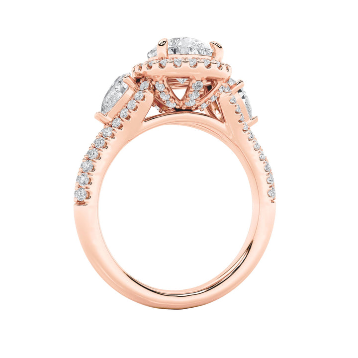3Cttw Pear Shaped Lab Grown Diamond (F/VS) Three Stone Bold Accented Engagement Ring in 14K Gold