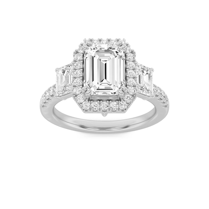 3Cttw Emerald Shaped Lab Grown Diamond (G/VS) Three Stone Accented Engagement Ring in 14K Gold