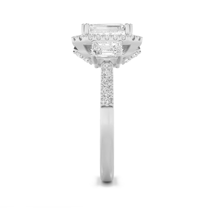 3Cttw Emerald Shaped Lab Grown Diamond (G/VS) Three Stone Accented Engagement Ring in 14K Gold